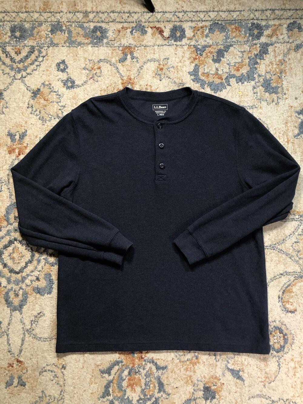 L.L.Bean Henley Thermal Shirt Mens Large Blue Long Sleeve Waffle Knit Top